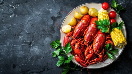 Sticker -  A plate of lobster, corn, potatoes, tomatoes, and parsley against a black backdrop Gray stone wall in the background Green, leafy garnish borders surround