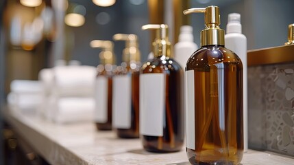 Aufkleber - A row of elegant, amber-colored bottles with gold pumps on a bathroom counter. Generative AI