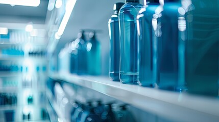 Poster - Rows of stylish blue bottles of hair care products on a shelf in a salon. Generative AI