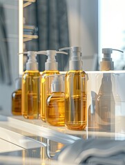 Aufkleber - Close-up of luxury shampoo and conditioner bottles in a modern bathroom setting. Generative AI