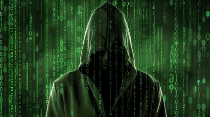 Poster - Man hacker in a green sports coat with a hooded jacket on his head with a binary code background in green