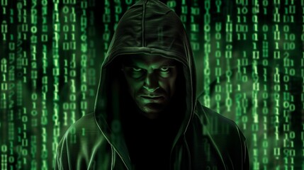 Poster - Hacker in a dark hooded jacket surrounded binary code background, green color theme