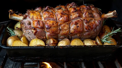 Wall Mural -  A roasting pan brimming with meat, potatoes, and a rosemary sprig atop; oven's background flares with a flame
