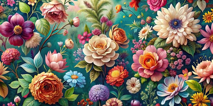 Beautiful fantasy wallpaper featuring a different botanical flower bunch motif for floral print digital background , fantasy, wallpaper, botanical, flower, bunch, motif