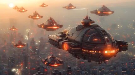 Futuristic city skyline with a swarm of flying robotics, drones with advanced sensors and glowing lights, impressive capabilities of swarm robotics, high-tech urban environment at background.