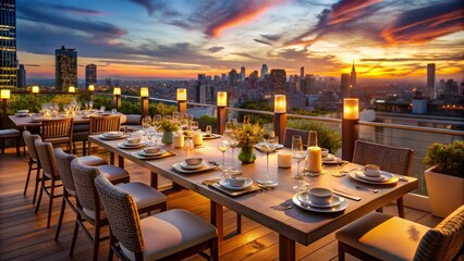 Rooftop dining setting at sunset with warm candlelight and city views , romantic, outdoor, sunset, rooftop, dining, setting, candlelight, city views, birthday, celebration, corporate party