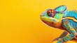 © Jane Bright - multi-colored chameleon on a yellow background with copy space