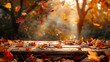 © rafliand - landscape autumn fall lake sunset maple tree, foliage, wooden table wallpaper background