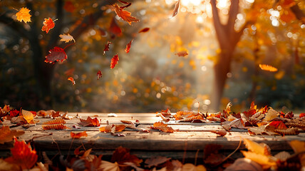 landscape autumn fall lake sunset maple tree, foliage, wooden table wallpaper background