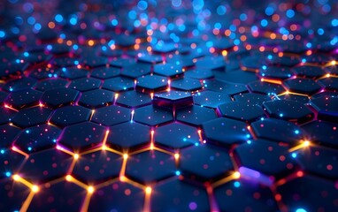 Poster - A digital illustration of an abstract hexagon grid pattern with glowing dots, representing the network and data flow in artificial intelligence
