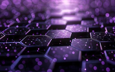 Poster - A hexagonal grid pattern with glowing dots representing data points, set against an abstract dark background with soft lighting and depth of field