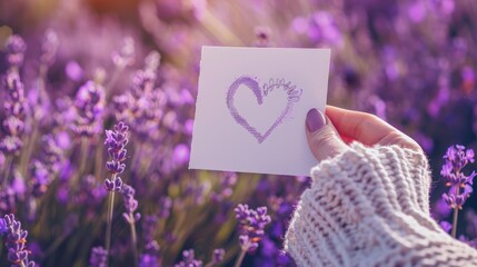 Wall Mural -  A hand holding a small white card with a red heart drawn on it