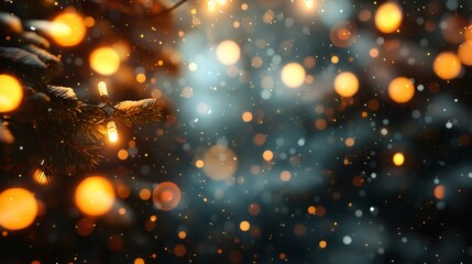 Poster - christmas winter background with snow and garland lights and golden bokeh.