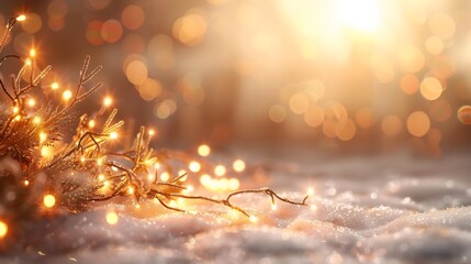 Poster - christmas winter background with snow and garland lights and golden bokeh.