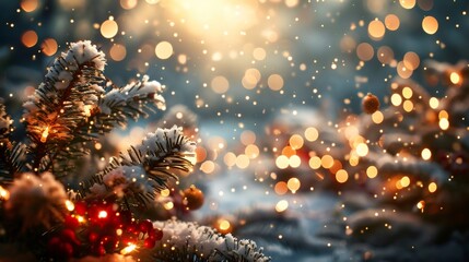 Poster - christmas winter background with snow and garland lights and golden bokeh.