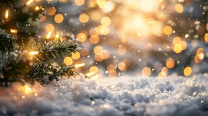 Poster - christmas winter background with snow and garland lights and golden bokeh.