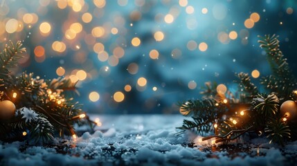 Poster - christmas winter background with snow and garland lights and golden bokeh.