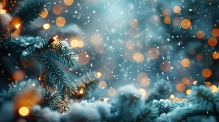 Poster - christmas winter background with snow and garland lights and golden bokeh.