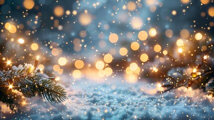 Poster - christmas winter background with snow and garland lights and golden bokeh.