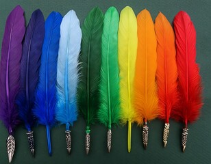 Colorful feathers on a green background. Flat lay, top view.