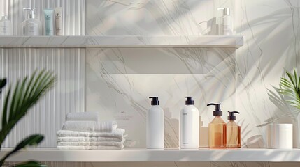 Poster - A close-up image of a shelf in a modern bathroom showcasing stylish bottles of shampoo and conditioner. Generative AI