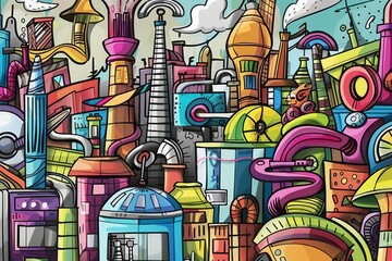 Wall Mural - Cartoon cute doodles of a factory of imagination producing creative innovations, Generative AI