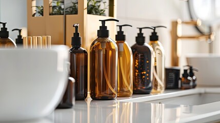 Poster - Close-up of amber glass bottles with pumps filled with shampoo and conditioner in a sleek bathroom setting. Generative AI