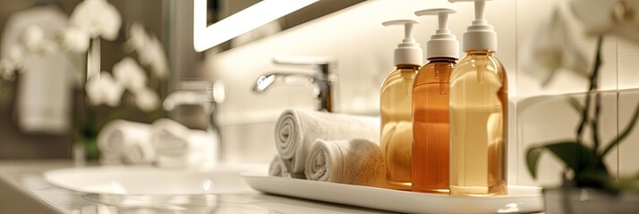 Aufkleber - Three sleek bottles of shampoo and conditioner sit on a bathroom counter, ready for use. Generative AI