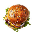 © Beasty Beast - Gourmet burger with sesame bun, cheddar cheese, lettuce, and sliced vegetables, top view on white background