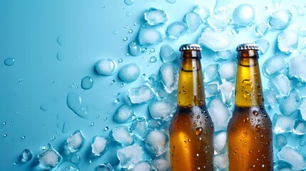 Sticker - Chilled beer bottles over ice cubes. Refreshing drinks concept. Ideal for promotional visuals or beverage ads. Perfect for summer vibes and party themes. . AI