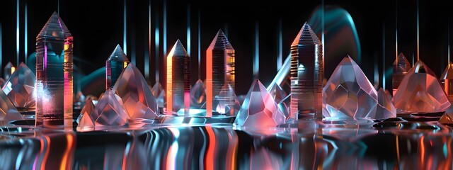 Poster - Mesmerizing Crystalline Cityscape A Futuristic Digital Visualization of Frequency Tripling in