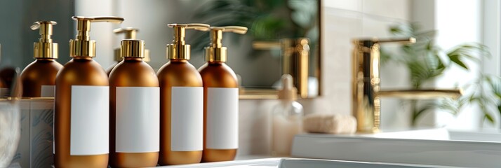 Poster - Close-up of luxury shampoo and conditioner bottles arranged in a modern bathroom. Generative AI