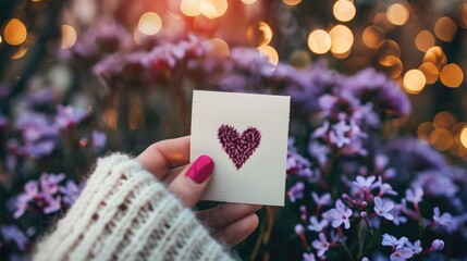 Wall Mural -  A hand holding a small white card with a red heart drawn on it