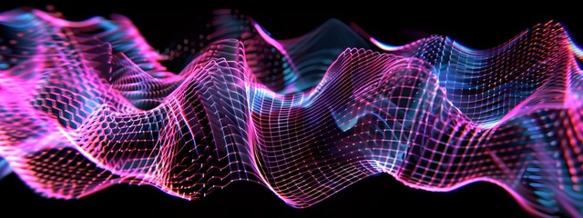 Poster - Mesmerizing Sideband Frequency Visualization with Vibrant Neon Waves and Fluid Particle Patterns