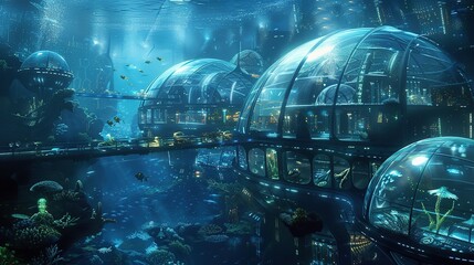 Wall Mural - futuristic underwater city with lots of buildings and lots of light. the building is made of glass