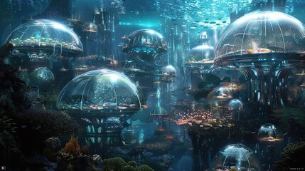 Wall Mural - futuristic underwater city with lots of buildings and lots of light. the building is made of glass
