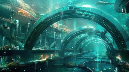 Wall Mural - futuristic underwater city with lots of buildings and lots of light. the building is made of glass