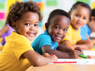 Poster - Smiling children engaged in coloring activities in a classroom, colorful background, concept of early education. Generative AI