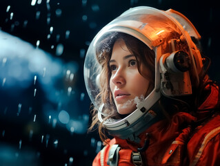 Aufkleber - A woman in an astronaut suit gazes into the distance on a bokeh lights background, concept of space exploration. Generative AI
