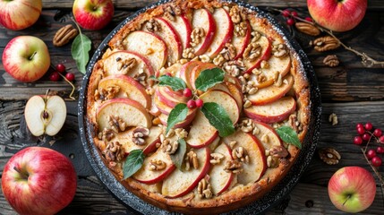 Wall Mural -  A pie topped with apples, walnuts, and leaves sits atop a wooden table Nearby, additional apples and walnuts rest The scene is encircl