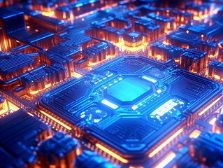Aufkleber - Detailed circuit board with glowing blue and orange lights, symbolizing advanced technology on a dark background. Generative AI