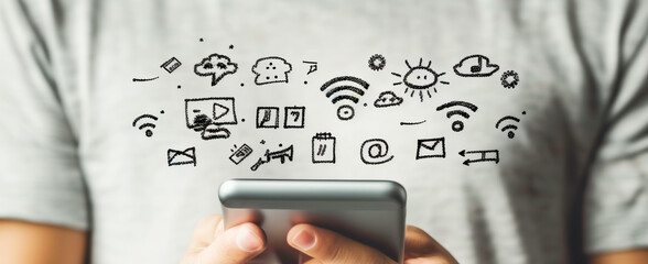 Poster - Hand holding smartphone with doodle icons on t-shirt background, illustrating technology concept. Generative AI