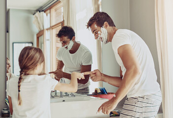 Wall Mural - Father, family and child in bathroom playing with foam, cream and facial cleaning product at home. Excited dad, man or parent with kid for grooming beard, shaving and helping or learning in mirror