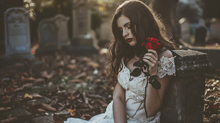 beauty in gothic costume sitting on grave with a rose , dark fashion, halloween concept