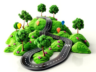 Aufkleber - A winding road on lush green hills with trees and colorful markers against a white background, representing a creative journey concept. Generative AI
