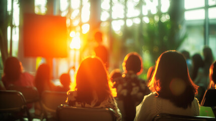 Poster - Blurred audience at a presentation with intense foreground bokeh, warm tones, against a light-filled venue background, concept of meeting. Generative AI