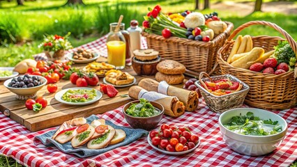 Delicious picnic spread with fresh food , picnic, spread, food, fresh, fruits, vegetables, cheese, bread, outdoor, eating, tasty, gourmet, healthy, summer, blanket, tablecloth, napkins
