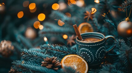Wall Mural -  A cup of tea with a cinnamon stick, an orange slice - Christmas tree adorned with a garland of lights, a cinnamon stick in the cup's center