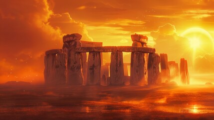 A mystical image of Stonehenge during the summer solstice, with the sun rising directly above the ancient stones, casting a warm glow over the ancient monument.