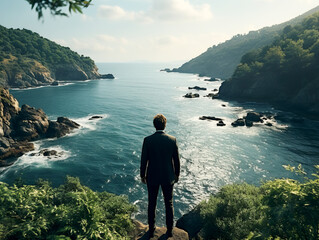 Poster - A man in a suit standing on a cliff overlooking a scenic seascape, with clear skies, the concept of contemplation. Generative AI